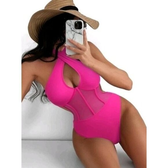 Pink Contrast Mesh Cut Out Halter One Piece Swimsuit - Picture 1 of 6